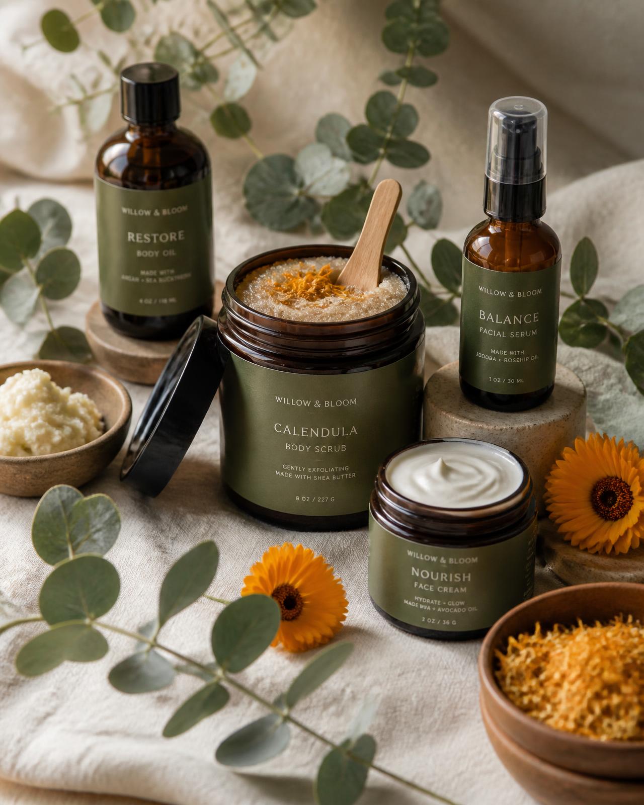 Handcrafted TajaNaturals body scrub, face cream, serum and body oil with eucalyptus and calendula